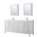 Wyndham Daria 80" Double Bathroom Vanity In White Light-Vein Carrara Cultured Marble Countertop Undermount Square Sinks Brushed Gold Trims And Medicine Cabinets WCV252580DWGC2UNSMED