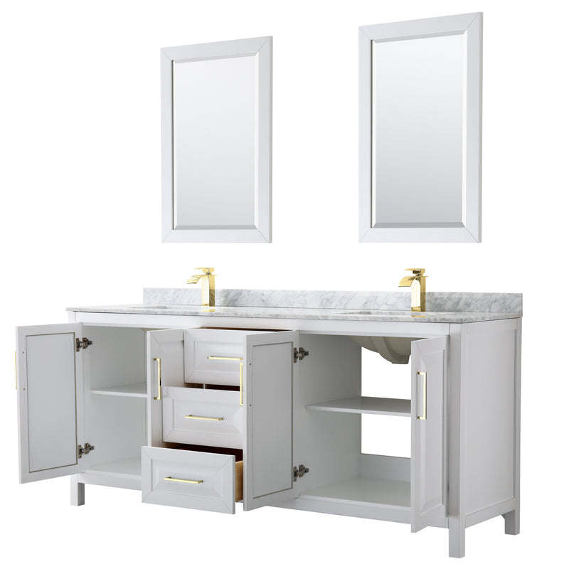 Wyndham Daria 80" Double Bathroom Vanity In White White Carrara Marble Countertop Undermount Square Sinks Brushed Gold Trims and 24" Mirrors WCV252580DWGCMUNSM24