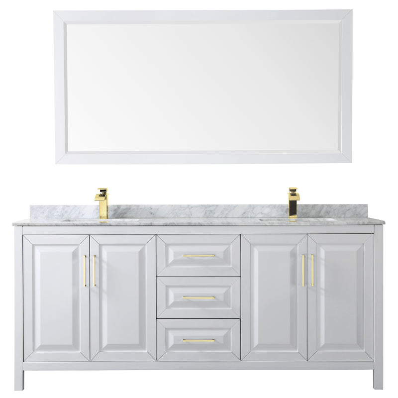 Wyndham Daria 80" Double Bathroom Vanity In White White Carrara Marble Countertop Undermount Square Sinks Brushed Gold Trims and 70" Mirror WCV252580DWGCMUNSM70