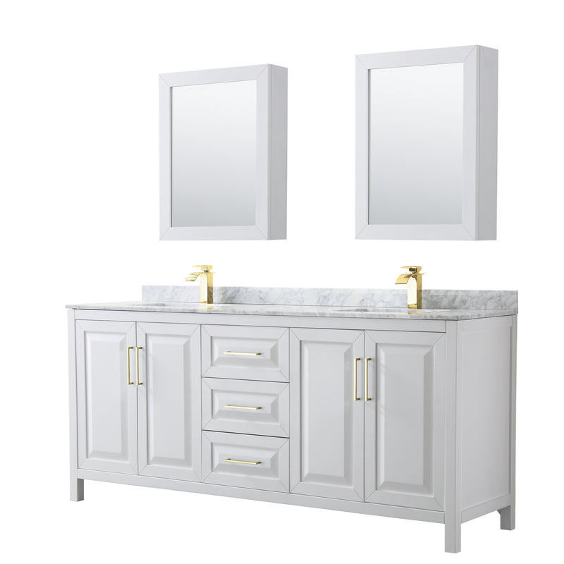 Wyndham Daria 80" Double Bathroom Vanity In White White Carrara Marble Countertop Undermount Square Sinks Brushed Gold Trims And Medicine Cabinets WCV252580DWGCMUNSMED