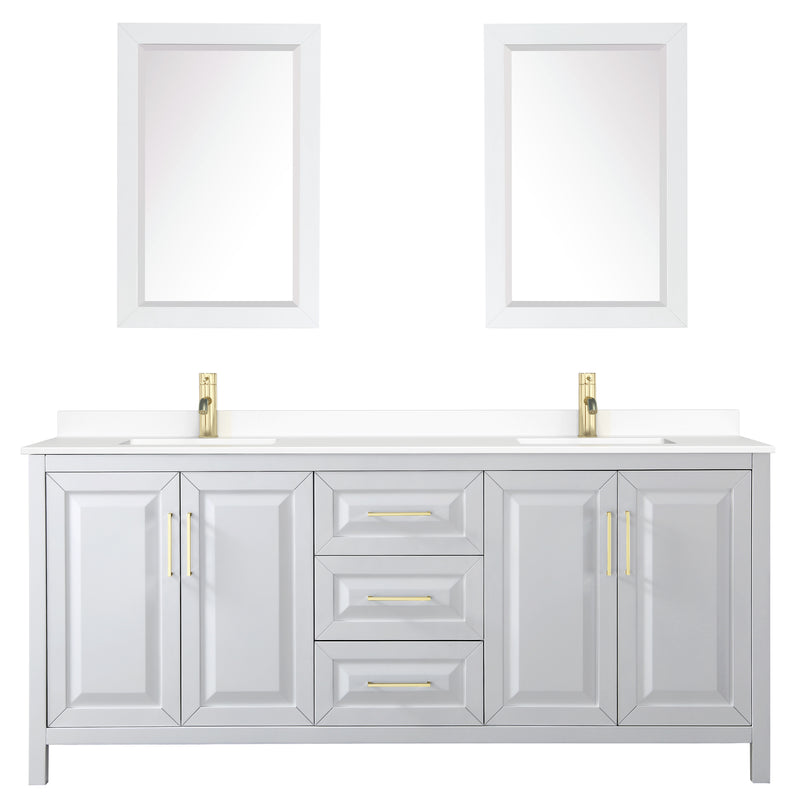 Wyndham Daria 80" Double Bathroom Vanity In White White Cultured Marble Countertop Undermount Square Sinks Brushed Gold Trims and 24" Mirrors WCV252580DWGWCUNSM24