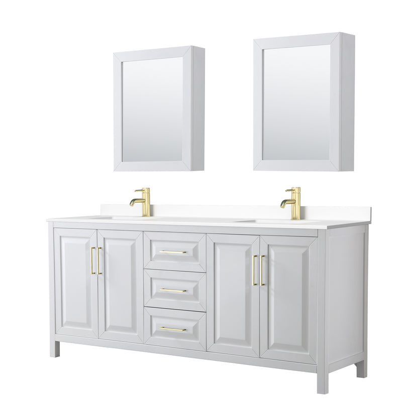 Wyndham Daria 80" Double Bathroom Vanity In White White Cultured Marble Countertop Undermount Square Sinks Brushed Gold Trims And Medicine Cabinets WCV252580DWGWCUNSMED