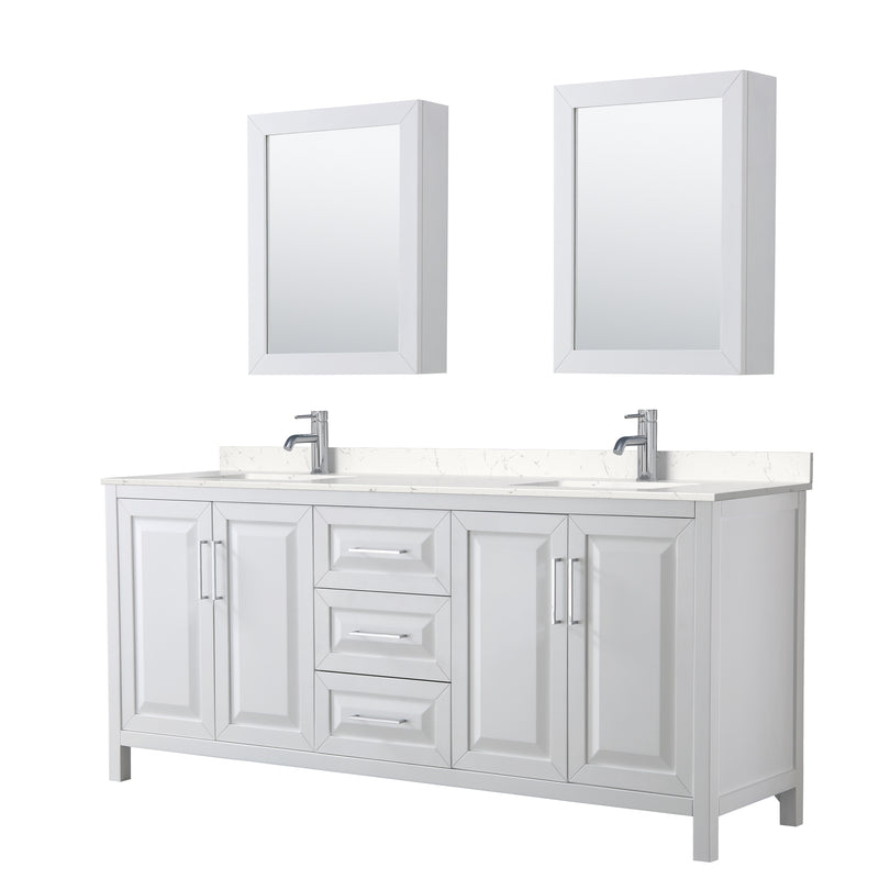 Wyndham Daria 80" Double Bathroom Vanity In White Light-Vein Carrara Cultured Marble Countertop Undermount Square Sinks And Medicine Cabinets WCV252580DWHC2UNSMED