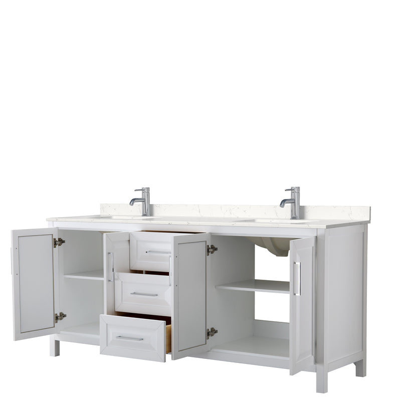 Wyndham Daria 80" Double Bathroom Vanity In White Light-Vein Carrara Cultured Marble Countertop Undermount Square Sinks and No Mirror WCV252580DWHC2UNSMXX