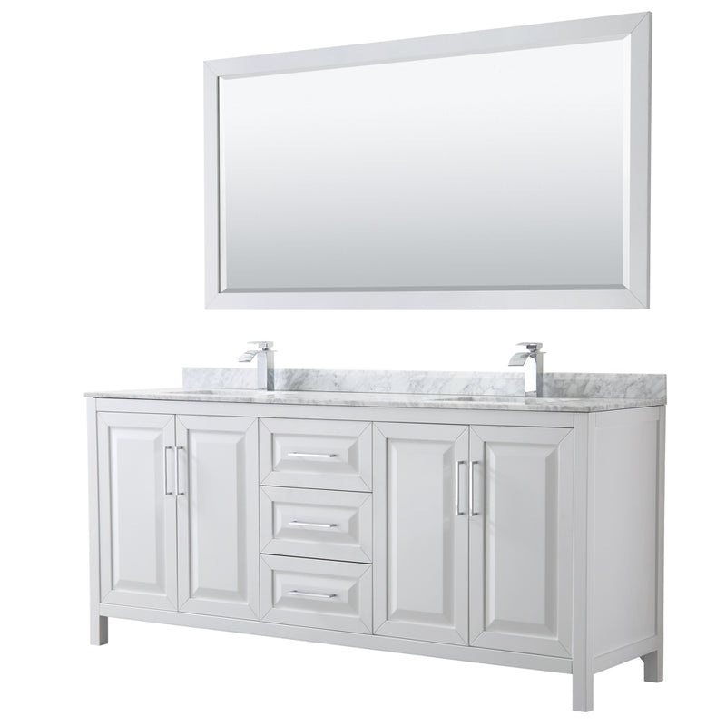 Wyndham Daria 80" Double Bathroom Vanity In White White Carrara Marble Countertop Undermount Square Sink And 70" Mirror WCV252580DWHCMUNSM70