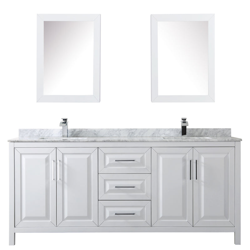 Wyndham Daria 80" Double Bathroom Vanity In White White Carrara Marble Countertop Undermount Square Sink and Medicine Cabinet WCV252580DWHCMUNSMED