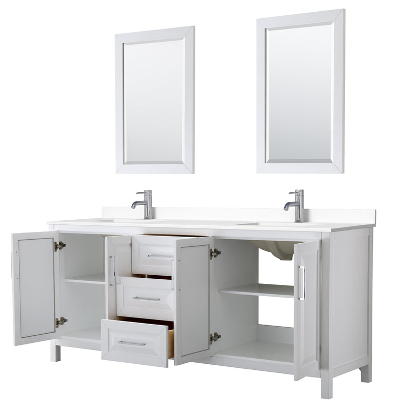 Wyndham Daria 80" Double Bathroom Vanity In White White Cultured Marble Countertop Undermount Square Sinks and 24" Mirrors WCV252580DWHWCUNSM24