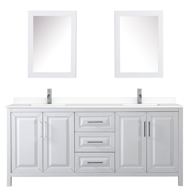 Wyndham Daria 80" Double Bathroom Vanity In White White Cultured Marble Countertop Undermount Square Sinks and Medicine Cabinets WCV252580DWHWCUNSMED