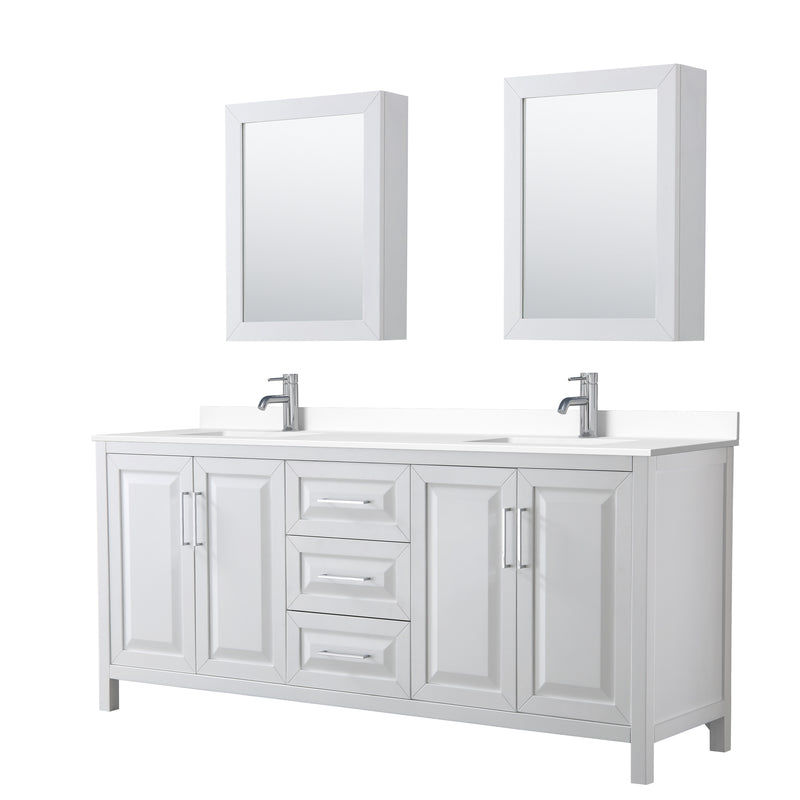 Wyndham Daria 80" Double Bathroom Vanity In White White Cultured Marble Countertop Undermount Square Sinks And Medicine Cabinets WCV252580DWHWCUNSMED