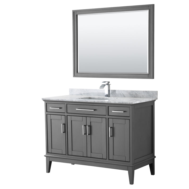 Wyndham Margate 48" Single Bathroom Vanity In Dark Gray White Carrara Marble Countertop Undermount Square Sink And 44" Mirror WCV303048SKGCMUNSM44