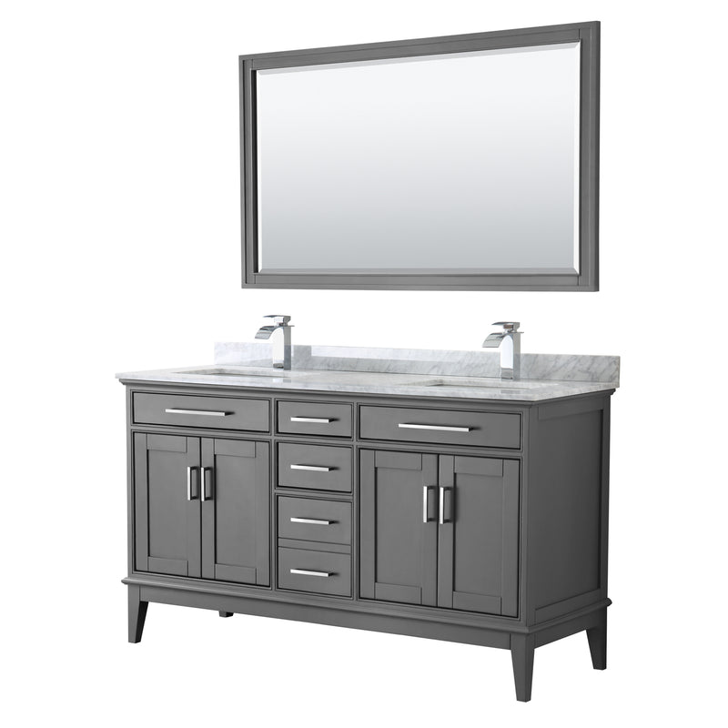 Wyndham Margate 60" Double Bathroom Vanity In Dark Gray White Carrara Marble Countertop Undermount Square Sinks And 56" Mirror WCV303060DKGCMUNSM56