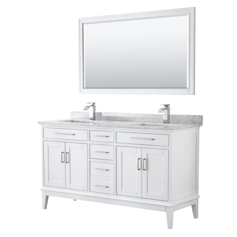 Wyndham Margate 60" Double Bathroom Vanity In White White Carrara Marble Countertop Undermount Square Sinks And 56" Mirror WCV303060DWHCMUNSM56