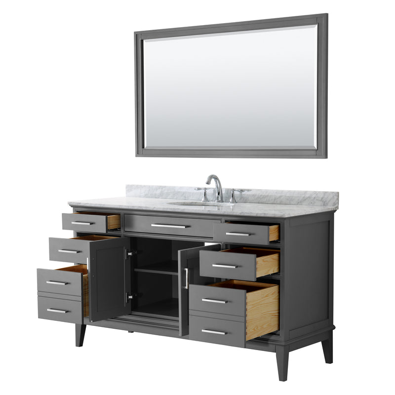 Wyndham Margate 60" Single Bathroom Vanity In Dark Gray White Carrara Marble Countertop Undermount Oval Sink and 56" Mirror WCV303060SKGCMUNOM56