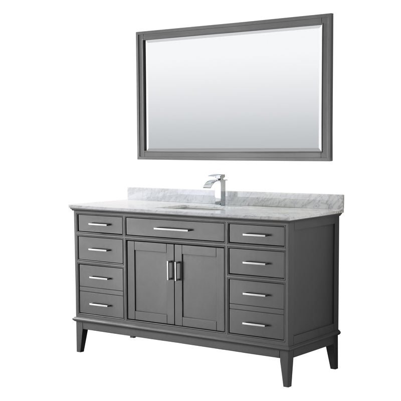 Wyndham Margate 60" Single Bathroom Vanity In Dark Gray White Carrara Marble Countertop Undermount Square Sink And 56" Mirror WCV303060SKGCMUNSM56