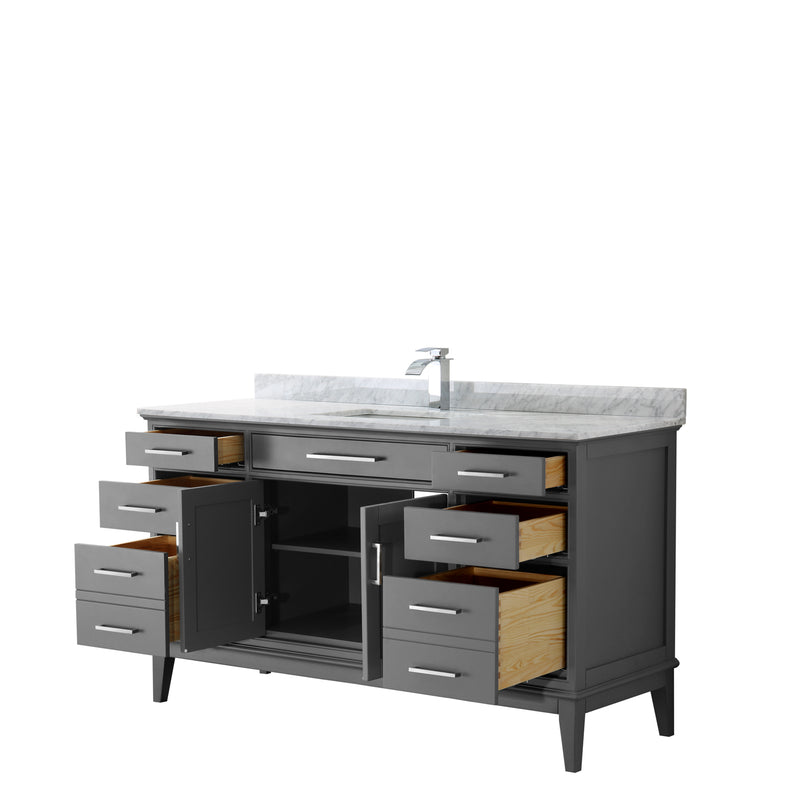 Wyndham Margate 60" Single Bathroom Vanity In Dark Gray White Carrara Marble Countertop Undermount Square Sink and No Mirror WCV303060SKGCMUNSMXX