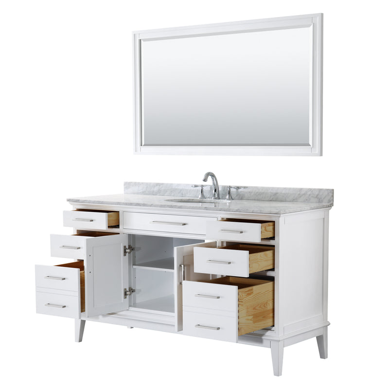 Wyndham Margate 60" Single Bathroom Vanity In White White Carrara Marble Countertop Undermount Oval Sink and 56" Mirror WCV303060SWHCMUNOM56