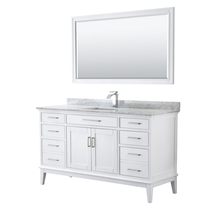 Wyndham Margate 60" Single Bathroom Vanity In White White Carrara Marble Countertop Undermount Square Sink And 56" Mirror WCV303060SWHCMUNSM56