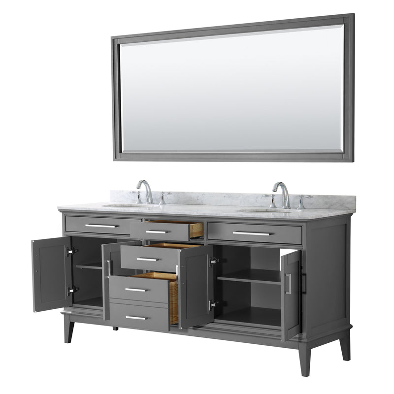 Wyndham Margate 72" Double Bathroom Vanity In Dark Gray White Carrara Marble Countertop Undermount Oval Sinks and 70" Mirror WCV303072DKGCMUNOM70