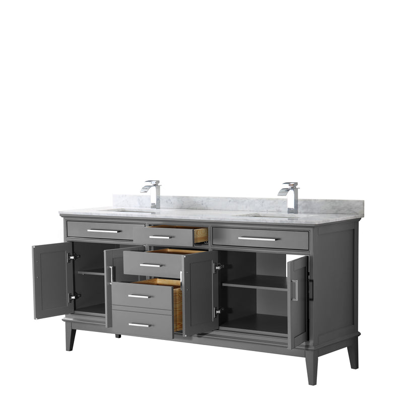 Wyndham Margate 72" Double Bathroom Vanity In Dark Gray White Carrara Marble Countertop Undermount Square Sinks and No Mirror WCV303072DKGCMUNSMXX