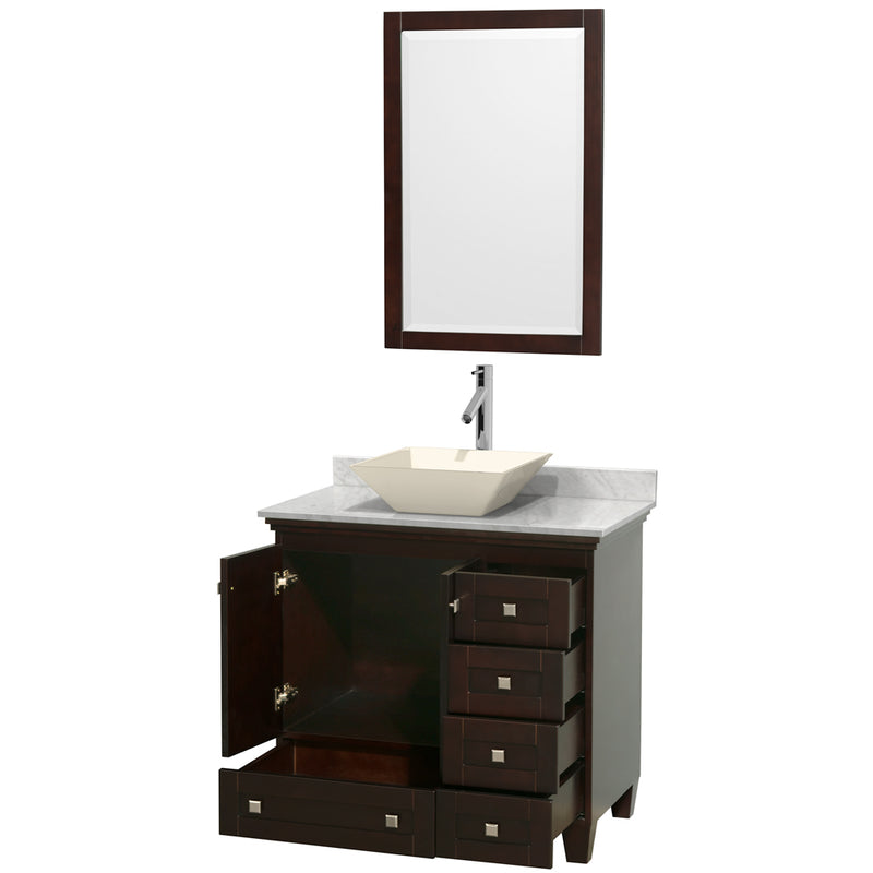 Wyndham Acclaim 36" Single Bathroom Vanity In Espresso White Carrara Marble Countertop Pyra Bone Porcelain Sink and 24" Mirror WCV800036SESCMD2BM24