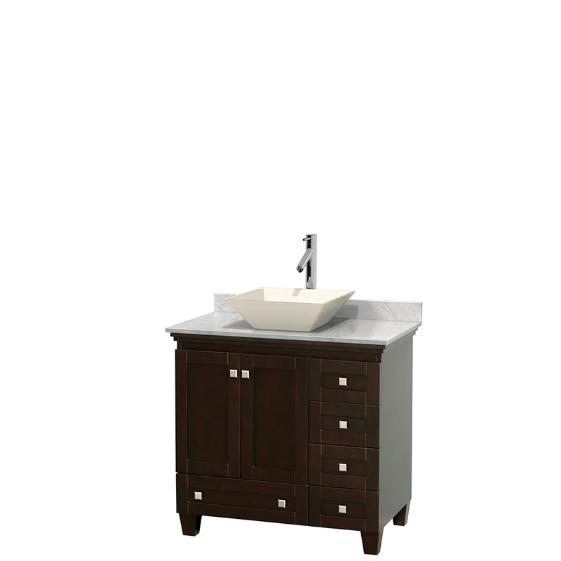 Wyndham Acclaim 36" Single Bathroom Vanity In Espresso White Carrara Marble Countertop Pyra Bone Porcelain Sink And No Mirror WCV800036SESCMD2BMXX