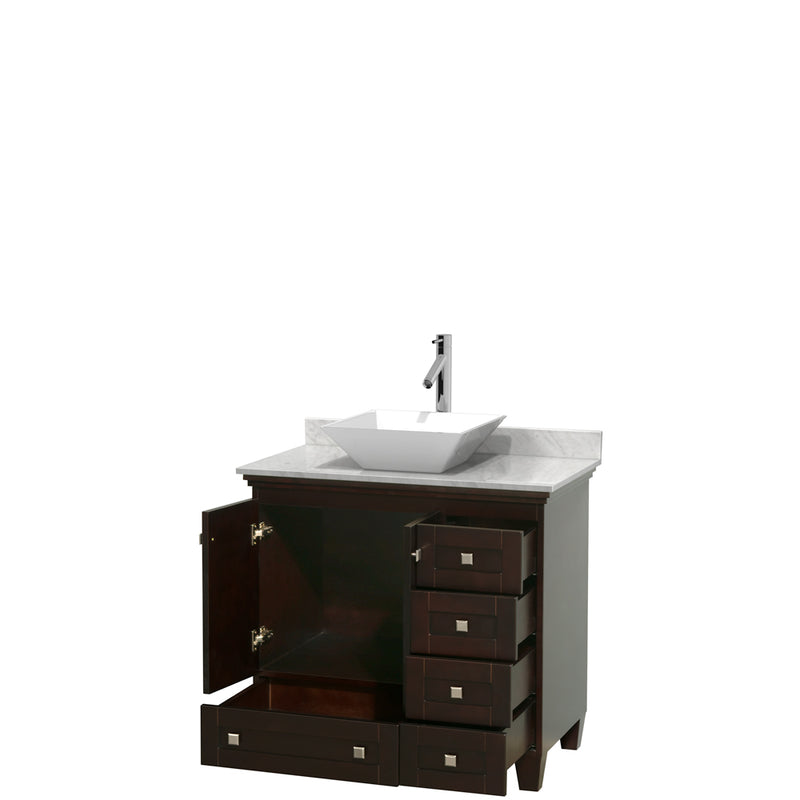 Wyndham Acclaim 36" Single Bathroom Vanity In Espresso White Carrara Marble Countertop Pyra White Porcelain Sink and No Mirror WCV800036SESCMD2WMXX