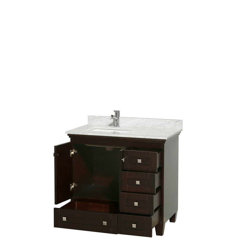 Wyndham Acclaim 36" Single Bathroom Vanity In Espresso White Carrara Marble Countertop Undermount Square Sink and No Mirror WCV800036SESCMUNSMXX