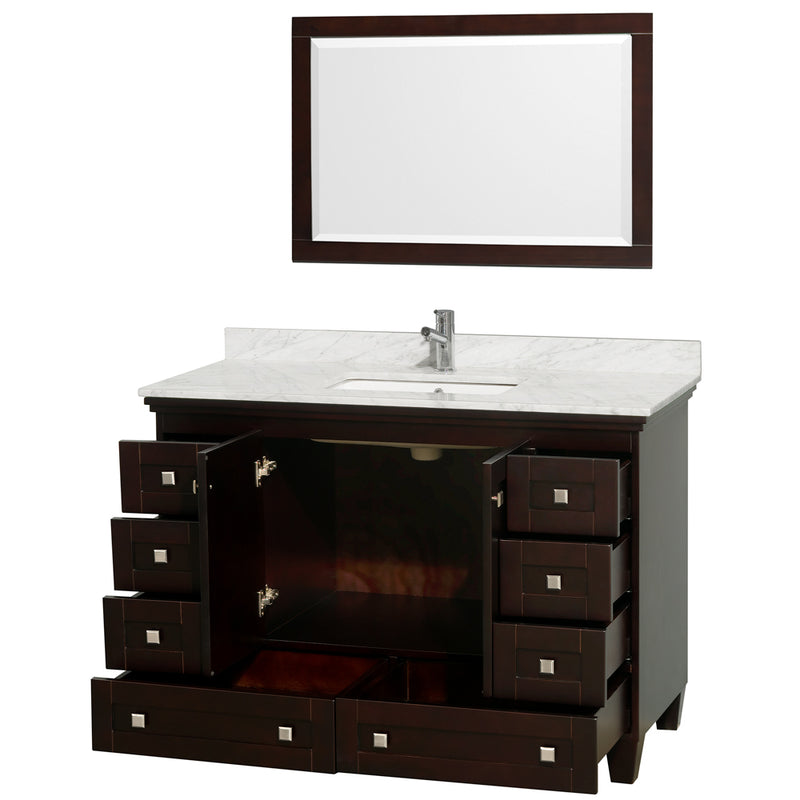 Wyndham Acclaim 48" Single Bathroom Vanity In Espresso White Carrara Marble Countertop Undermount Square Sink and 24" Mirror WCV800048SESCMUNSM24