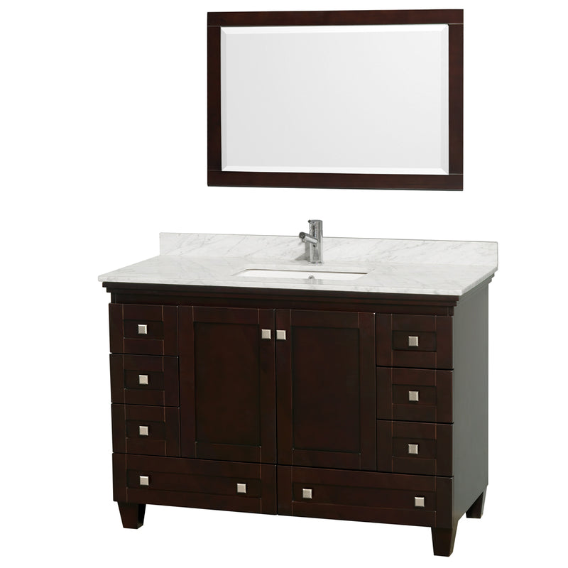 Wyndham Acclaim 48" Single Bathroom Vanity In Espresso White Carrara Marble Countertop Undermount Square Sink And 24" Mirror WCV800048SESCMUNSM24