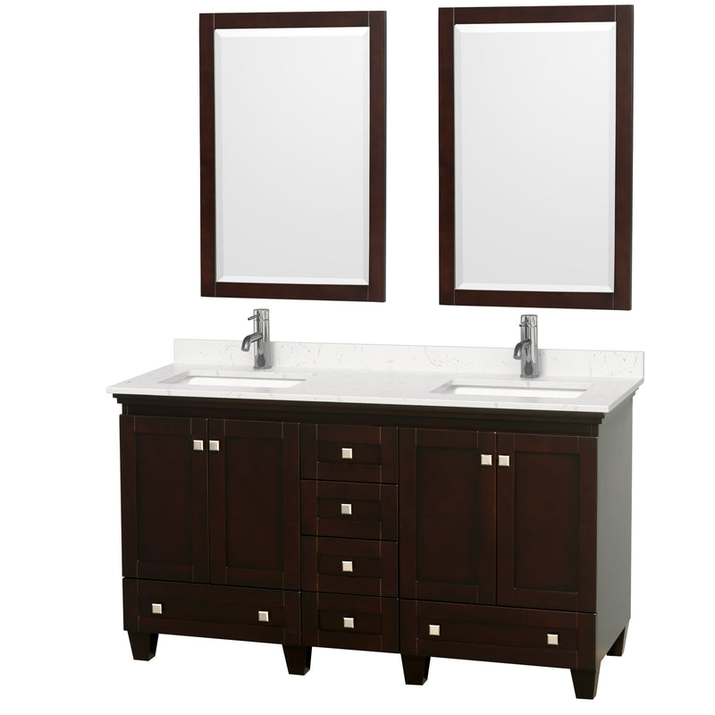 Wyndham Acclaim 60" Double Bathroom Vanity In Espresso Light-Vein Carrara Cultured Marble Countertop Undermount Square Sinks And 24" Mirrors WCV800060DESC2UNSM24