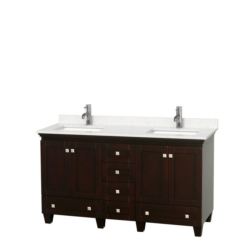 Wyndham Acclaim 60" Double Bathroom Vanity In Espresso Light-Vein Carrara Cultured Marble Countertop Undermount Square Sinks And No Mirrors WCV800060DESC2UNSMXX