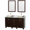 Wyndham Acclaim 60" Double Bathroom Vanity In Espresso White Carrara Marble Countertop Pyra Bone Sinks And 24" Mirrors WCV800060DESCMD2BM24