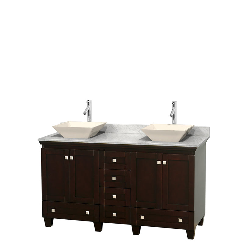 Wyndham Acclaim 60" Double Bathroom Vanity In Espresso White Carrara Marble Countertop Pyra Bone Sinks And No Mirrors WCV800060DESCMD2BMXX