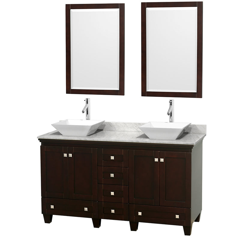 Wyndham Acclaim 60" Double Bathroom Vanity In Espresso White Carrara Marble Countertop Pyra White Sinks And 24" Mirrors WCV800060DESCMD2WM24