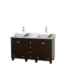 Wyndham Acclaim 60" Double Bathroom Vanity In Espresso White Carrara Marble Countertop Pyra White Sinks And No Mirrors WCV800060DESCMD2WMXX