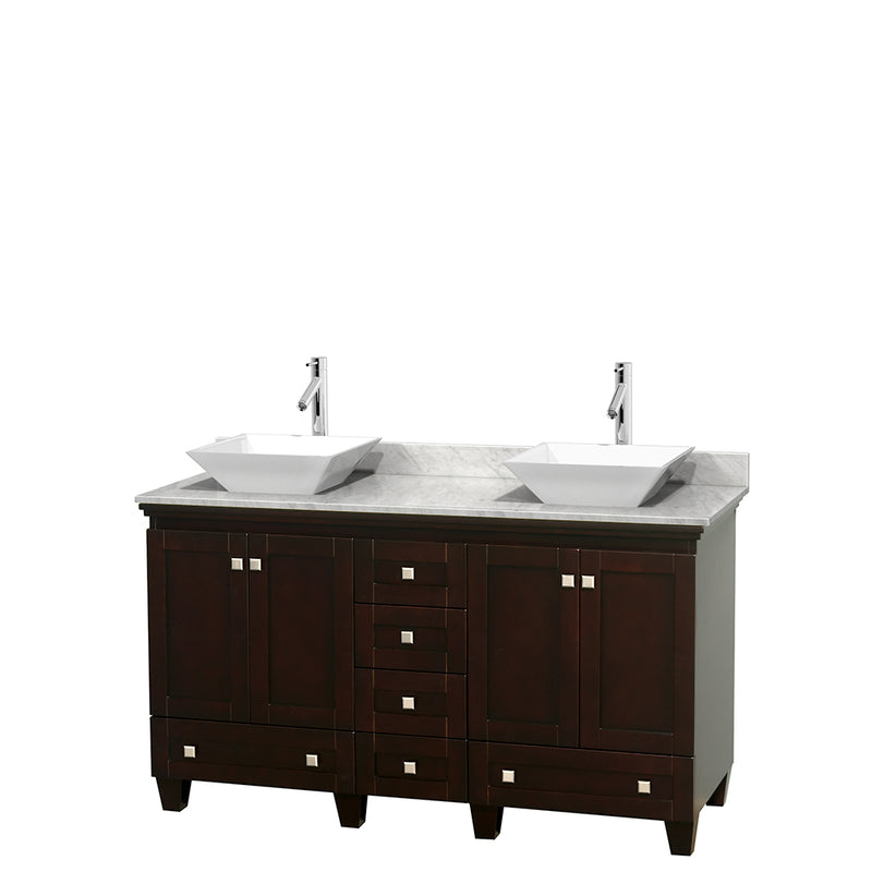 Wyndham Acclaim 60" Double Bathroom Vanity In Espresso White Carrara Marble Countertop Pyra White Sinks And No Mirrors WCV800060DESCMD2WMXX