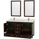 Wyndham Acclaim 60" Double Bathroom Vanity In Espresso White Carrara Marble Countertop Undermount Square Sinks and 24" Mirrors WCV800060DESCMUNSM24