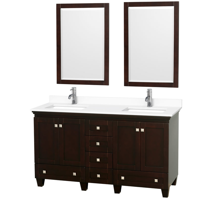 Wyndham Acclaim 60" Double Bathroom Vanity In Espresso White Cultured Marble Countertop Undermount Square Sinks And 24" Mirrors WCV800060DESWCUNSM24