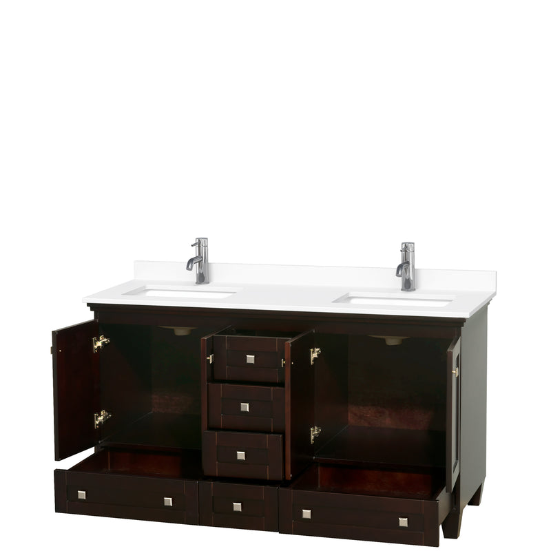 Wyndham Acclaim 60" Double Bathroom Vanity In Espresso White Cultured Marble Countertop Undermount Square Sinks and No Mirrors WCV800060DESWCUNSMXX