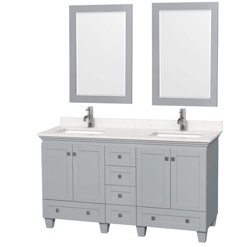 Wyndham Acclaim 60" Double Bathroom Vanity In Oyster Gray Light-Vein Carrara Cultured Marble Countertop Undermount Square Sinks And 24" Mirrors WCV800060DOYC2UNSM24