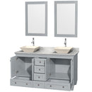 Wyndham Acclaim 60" Double Bathroom Vanity In Oyster Gray White Carrara Marble Countertop Pyra Bone Porcelain Sinks and 24" Mirrors WCV800060DOYCMD2BM24