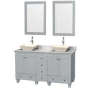 Wyndham Acclaim 60" Double Bathroom Vanity In Oyster Gray White Carrara Marble Countertop Pyra Bone Porcelain Sinks And 24" Mirrors WCV800060DOYCMD2BM24