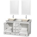 Wyndham Acclaim 60" Double Bathroom Vanity In White White Carrara Marble Countertop Pyra Bone Sinks and 24" Mirrors WCV800060DWHCMD2BM24