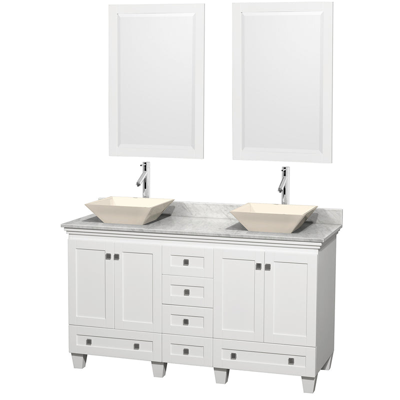 Wyndham Acclaim 60" Double Bathroom Vanity In White White Carrara Marble Countertop Pyra Bone Sinks And 24" Mirrors WCV800060DWHCMD2BM24