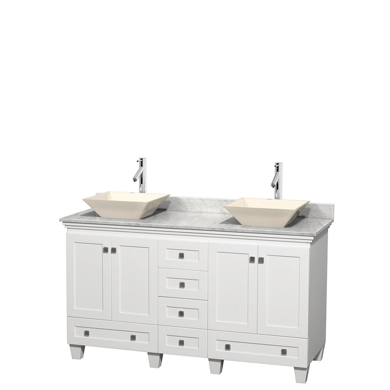 Wyndham Acclaim 60" Double Bathroom Vanity In White White Carrara Marble Countertop Pyra Bone Sinks And No Mirrors WCV800060DWHCMD2BMXX