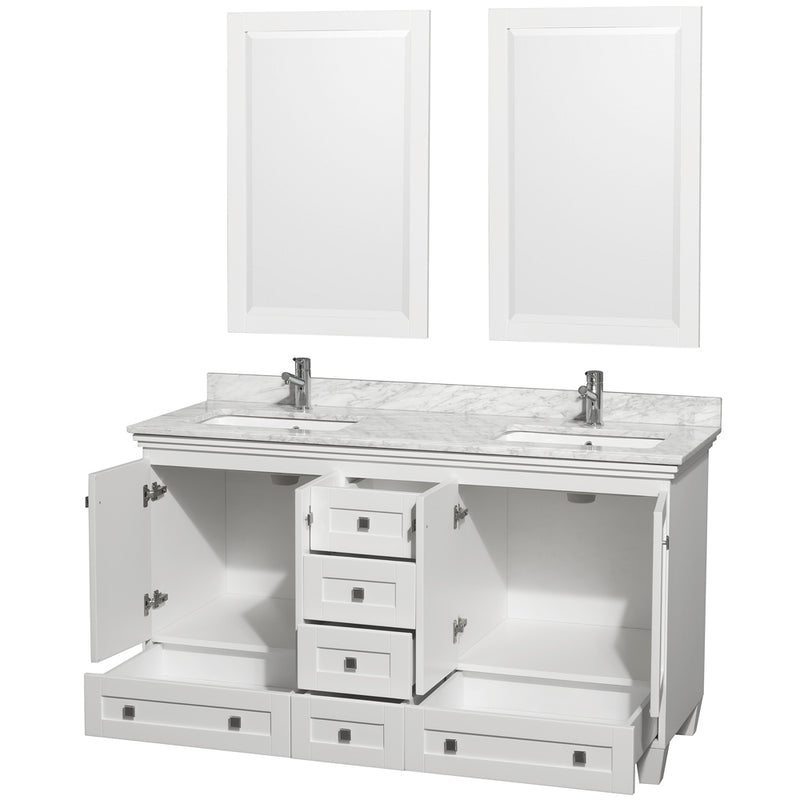 Wyndham Acclaim 60" Double Bathroom Vanity In White White Carrara Marble Countertop Undermount Square Sinks and 24" Mirrors WCV800060DWHCMUNSM24