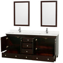 Wyndham Acclaim 72" Double Bathroom Vanity In Espresso Light-Vein Carrara Cultured Marble Countertop Undermount Square Sinks and 24" Mirrors WCV800072DESC2UNSM24