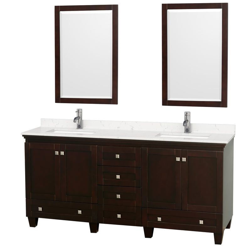 Wyndham Acclaim 72" Double Bathroom Vanity In Espresso Light-Vein Carrara Cultured Marble Countertop Undermount Square Sinks And 24" Mirrors WCV800072DESC2UNSM24