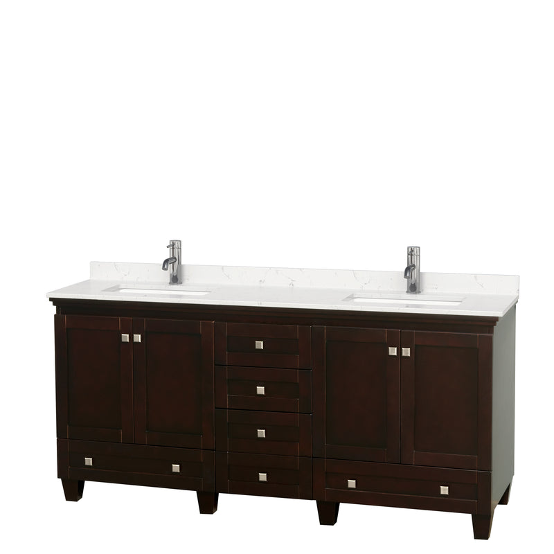 Wyndham Acclaim 72" Double Bathroom Vanity In Espresso Light-Vein Carrara Cultured Marble Countertop Undermount Square Sinks And No Mirrors WCV800072DESC2UNSMXX