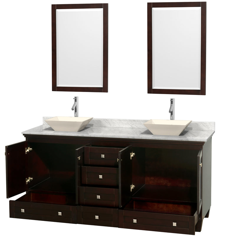 Wyndham Acclaim 72" Double Bathroom Vanity In Espresso White Carrara Marble Countertop Pyra Bone Sinks and 24" Mirrors WCV800072DESCMD2BM24